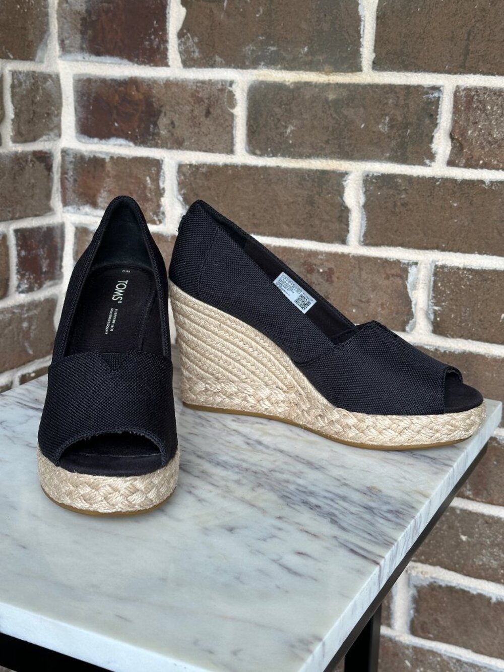 TOMS Michelle Peep Toe Espadrille Wedge Pump Black Sandal Slip-on Heels Size 9 - Picture 11 of 15